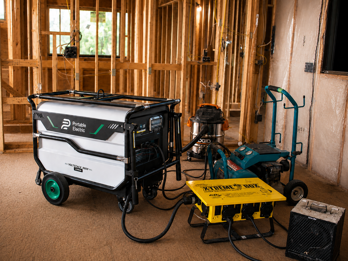 Voltstack 8000 powering multiple tools simultaneously at a construction site