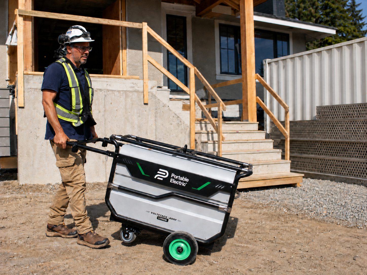 Construction worker repositioning Voltstack 8000 on a gravel jobsite