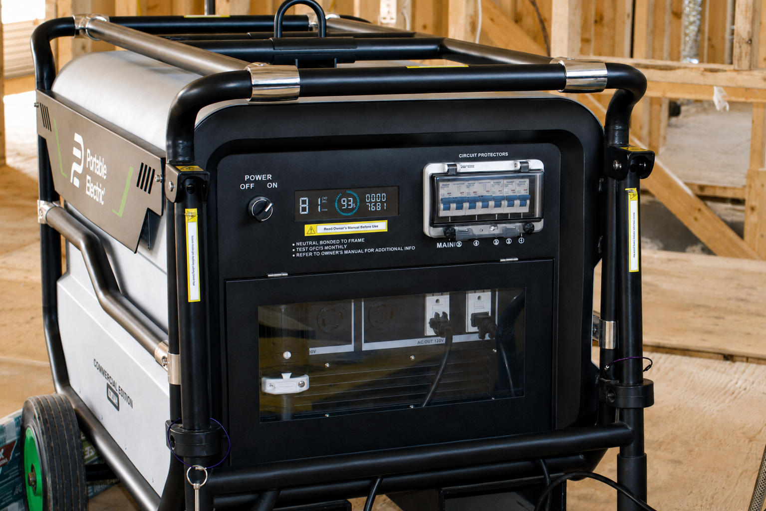 Voltstack 8000 control panel showing 93% charge across 7 output sockets
